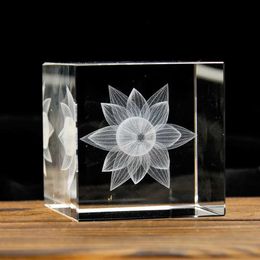 Arts and Crafts 1PC 50mm3D Laser Engraved Crystal Cube Carving Lotus Home Ornament Desktop Decoration DIY Lighting Display Creative Craft Gift YQ240119
