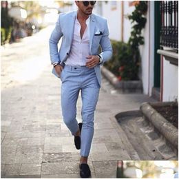 Men'S Suits & Blazers Mens Suits Blazers 2022 Light Blue Men Tuxedo For Wedding 2 Pieces Business Peaked Lapel Costume Homme Party Ve Dhczo