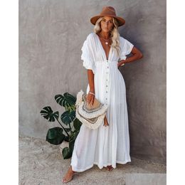 Basic & Casual Dresses Y Er-Ups Long White Tunic Dress Casual Summer Beach Women Plus Size Wear Er Up Woman Clothing 210521 Drop Deli Dhgzu