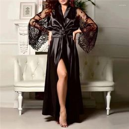 Women's Sleepwear 2024 Lady Nightgown See-through Long Sleeves Lace Satin Solid Colour Mesh Tight Waist Up Sexy Women Bathrobe For Sleeping