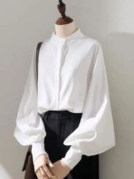 Dress Jmprs Elegant Women Chiffon Shirts Loose Lantern Sleeve Korean Office Ladies Shirts Button Up Fashion Stand Collar Tops