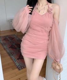 Casual Dresses Sweet Spicy Pink Halter Dress Women Spring Autumn Cold Shoulder Sexy Bodycon Short Mini V-neck Slim Party