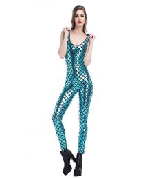 Women Cosplay Sexy Mermaid Costume Fancy Blue Jumpsuit Shiny Metallic Sleeveless Bodysuit Halloween Catsuit For Performance1409995