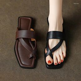 Slippers Classical Black Leather Women Flats Comfort Casual Beach Summer Shoes Brown Flip Flops Lady Outside Footwear Slides