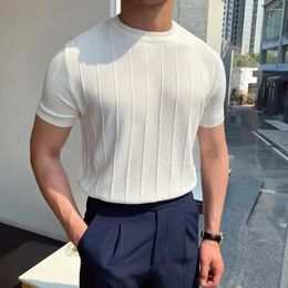 Men's Sweaters INS Fashion Summer Sports Leisure Round Neck Elastic Short Sleeve Vertical Stripe T-shirt
