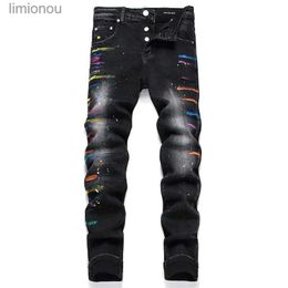 Men's Jeans Black Jeans for Men Printed Ripped Denim Pants Paint Slim Fit Hole Hip Hop Streetwear Biker Jeans Baggy Vintage Y2k TrousersL240119