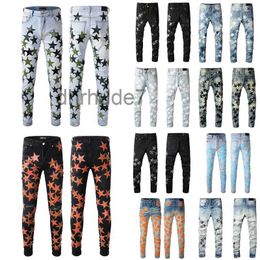 Mens Jeans for Guys Rip Slim Fit Skinny Man Pants Orange Star Patches Wearing Biker Denim Stretch Cult Motorcycle Trendy Long Straight Hip Hop with Hole Blue 37J4