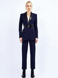 Women's Two Piece Pants Outfits Women Navy Blue Blazer Pantsuits 2024 Fashion Leather Collar With Belt Punk Suit Office Wear Set