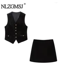 Work Dresses Nlzgmsj 2024 Y2K Black Women Velvet Waistcoat Mini Skirt Suits Autumn Sleeveless Patchwork Slim Vest Female Crop Top Sets