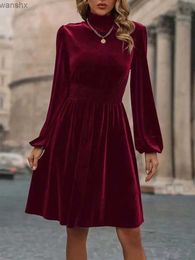 Basic Casual Dresses 2023 Autumn Velvet Dress Women Winter Midi Velour Party Dress Ladies High Neck Long Sleeve A Line Dress For Women