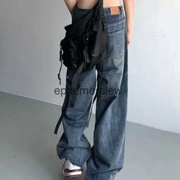 Женские джинсы Harajuku Ретро-джинсы для женщин и мужчин Ins Свободные прямые брюки с широкими штанинами Сплошной цвет Модные уличные брюки для папы Trousersephemeralew