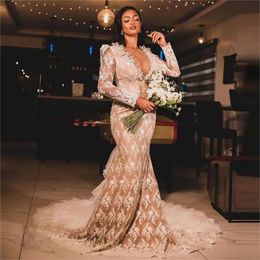 Fulllace Mermaid Dresses 2024 Sheer Neck Long Sleeve Pearls Gown Ruffles Tier Detachable Train Wedding Dress For Bride 326 326