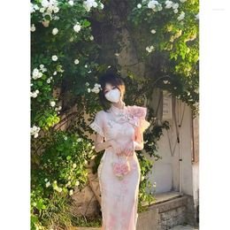 Ethnic Clothing 2024 Summer Sweet Pink 3D Flowers Lace Trim Slim Cheongsam Dress For Women Elegant Loli Party Costumes Qipao Modern