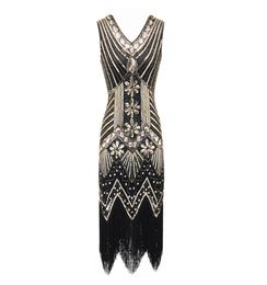 Vintage 1920s Flapper Great Gatsby Dress 2018 Summer Fancy Costumes Vneck Cap Sleeve Sequin Fringe Party Midi Dresses Y1904256993012