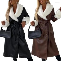 Women's Leather Stylish Warm Winter Coat Long Sleeve Parka For Women Fashion With Belt Dropship