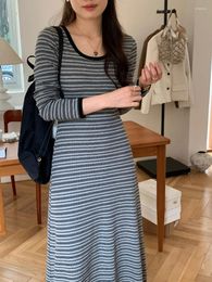 Casual Dresses QW Autumn And Comfortable Bottoming Round Neck Striped Long Sleeve Big Swing Mid-Length Two Colors Dress