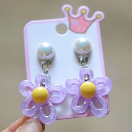 New Children's False Sparkling Colored Flower Cream Pendant Clip Earrings Without Ear Holes for Children Babies and Girls Jewelry