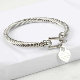 Steel Itys Titanium Cable Wire Gold Colour Love Heart Charm Bangle Bracelet with Hook Closure for Women Men Wedding Jewellery