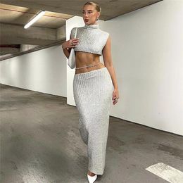 Work Dresses Silver Knitted Two Piece Set for Women Elegant Party Evening 2024 Autumn Fashion High Collar Sleeveless Crop Tank Top Long