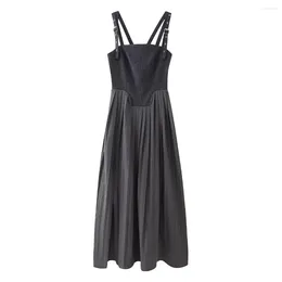 Casual Dresses 2024 Woman Corset Pleated Dress Fashion Grey Splice Zip Slip Long Elegant Women's Sleeveless Autumn