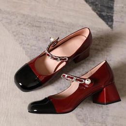 Dress Shoes Big Size 34-43 Womans 2024 Mary Janes Office Work JK Shallow Square Heel Pumps Buckle Strap Round Toe Lady Footwear