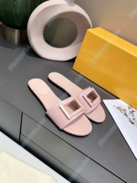 classic the signature F letter slides woman sandal designer shoe summer man slipper Black White red Pink calfskin leather rubber flat sandal with box