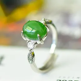 Cluster Rings Natural Stone Green Jade Ring Adjustable Women Fine Jewellery Accessories Genuine Hetian Jades Nephrite Silver Oval Zircon