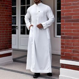 Ethnic Clothing Genderless Long-Sleeve Muslim Robe Solid Colour Loose Small Stand Collar Middle Eastern Islamic Style Buttons Unisex