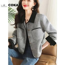 COKAL Korea Fashion Casual Coat Grey tweed jacket Autumnwear Elegant office ladies long sleeve lapel minimalist coat 240118