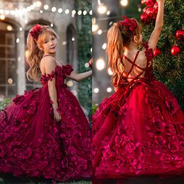 Red Lace Flower Girl Dresses For Wedding 3D Floral Appliques Ball Gown Toddler Pageant Gowns Flowers Floor Length First Communion Dress