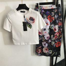 Cropped T Shirts Floral Print Dress Sets For Women Fashion High Waist Split Skirts Slim Tees Tops Casual Suit