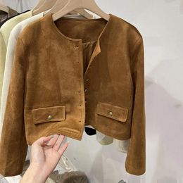 Women's Leather 2024 Spring Jacket Ladies French Small Fragrant Wind Suede Short Coat Round Neck Solid Colour Casual Tops Autumn Outwear