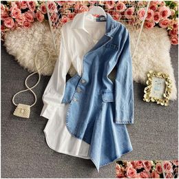 Basic & Casual Dresses Fashion Irregar Casual Dresses Denim Work Vestidos Femmeturn-Down Collar Long Sleeve Robe Female Suit Shirts S Dhyt2