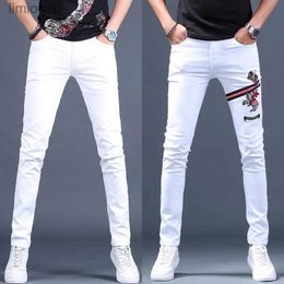 Men's Jeans Mens slimming white denim cotton pants low stretch prints decors jeans fashion casual pants for menL240119