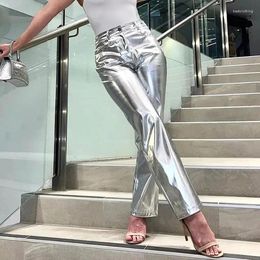 Women's Pants 2024 Silver Metalic Faux Leather Women High Waist Long Hip Hop Streetwear Female Club Wear