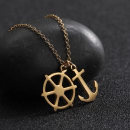 Rudder And Anchor Double Pendants Necklace For Men Women High Quality 14K Gold Chain Retro Pirate Jewellery 2024