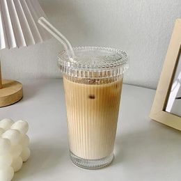 Wine Glasses High Beauty Water Cup Simple Vertical Stripe Glass Cap Straw Milk Coffee Beverage Ins
