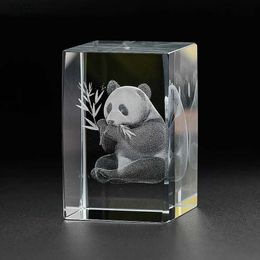 Arts and Crafts 3D Panda Bamboo Inner Laser Engraving CuboidGlass Crystal Ornament Paperweight Crafts Decor Display Stand Holder Glass Art YQ240119
