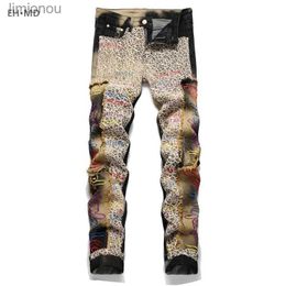 Men's Jeans Leopard Tattered Jeans Men's Snake Skin Embroidery Worn High Elastic 3D Inner Embroidery Zipper Bleached Slim Fit Pants Pocket 2L240119