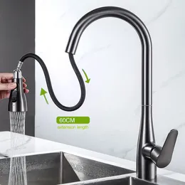 Kitchen Faucets Pull Out 360 Rotation Gray Body Deck Mounted Retractable Faucet Set Home Sink Water Mixer Tap