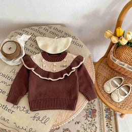 Pullover 2024 Spring New Baby Girl Long Sleeve Sticked tröja Toddler Solid Casual Knitwear Spädbarn mångsidig spets Pullover Kids kläder H240508