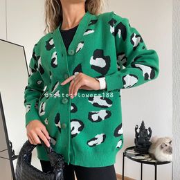 Women's Sweaters 2024 New Knitted Cardigan Women's Single Breasted Loose Leopard Jacquard V-Neck Sweater Women