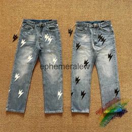 Men's Pants Vintage Lightning Splicing Straight Leg Jeans Pants For Men Women 1 1 High Quality 2024ss Joggers Trousersephemeralew