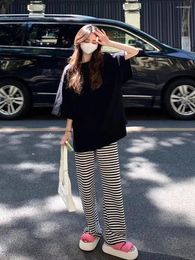 Women's Two Piece Pants 2024 Summer Korean Loose Suit Female Black T-shirt Striped Wide-legged Casual Two-piece Y2K