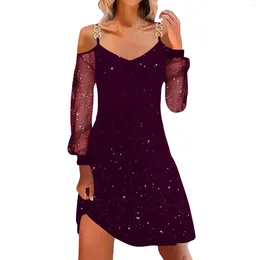 Casual Dresses Womens Chiffon Stitching Dress Solid Color Mesh Long Sleeve Cute Off Shoulder Sequins Sundresses Beach Style Clothing