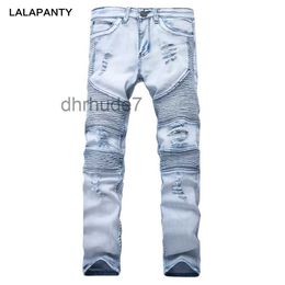 Lalapanty Clothing Jeans Slp Blue/black Destroyed Mens Slim Denim Straight Biker Skinny Jean Men Ripped Pants FX1X