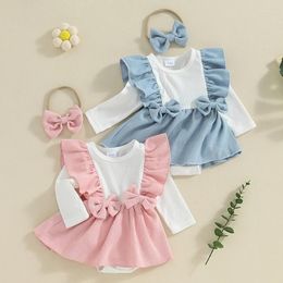 Rompers Infant Baby Girls Lovely 2 Piece Outfits Contrast Colours Ribbed Corduroy Long Sleeve Romper A-line Dress And Cute Headband Set