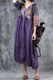 Basic Casual Dresses Plus Size Women's Dress Linen Purple Half Sleeve V Neck Pattern Print A-Line Mid-Calf Dresses Vintage Pleated Elegant Midi Dress