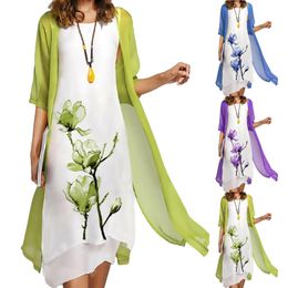 Dress 2023 New Summer Ink Painting Woman Dress Two Piece Cardigan Long Dress Casual Loose Vestidos Chiffon Dresses Robe Plus Size 3XL