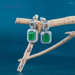 Stud Earrings Cellacity Rectangular Green Emerald Color Gemstone For Women Elegant Female Silver 925 Jewelry Charming Ear Studs Gift